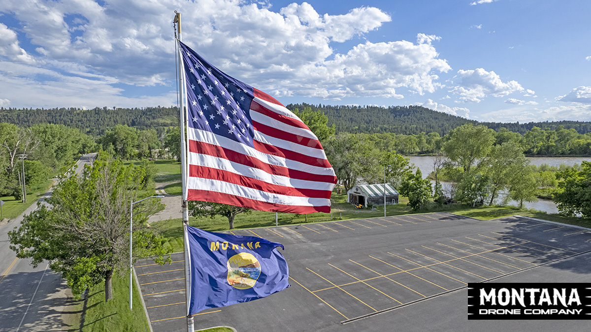 American Flag Yellowstone River Background Drone Photo