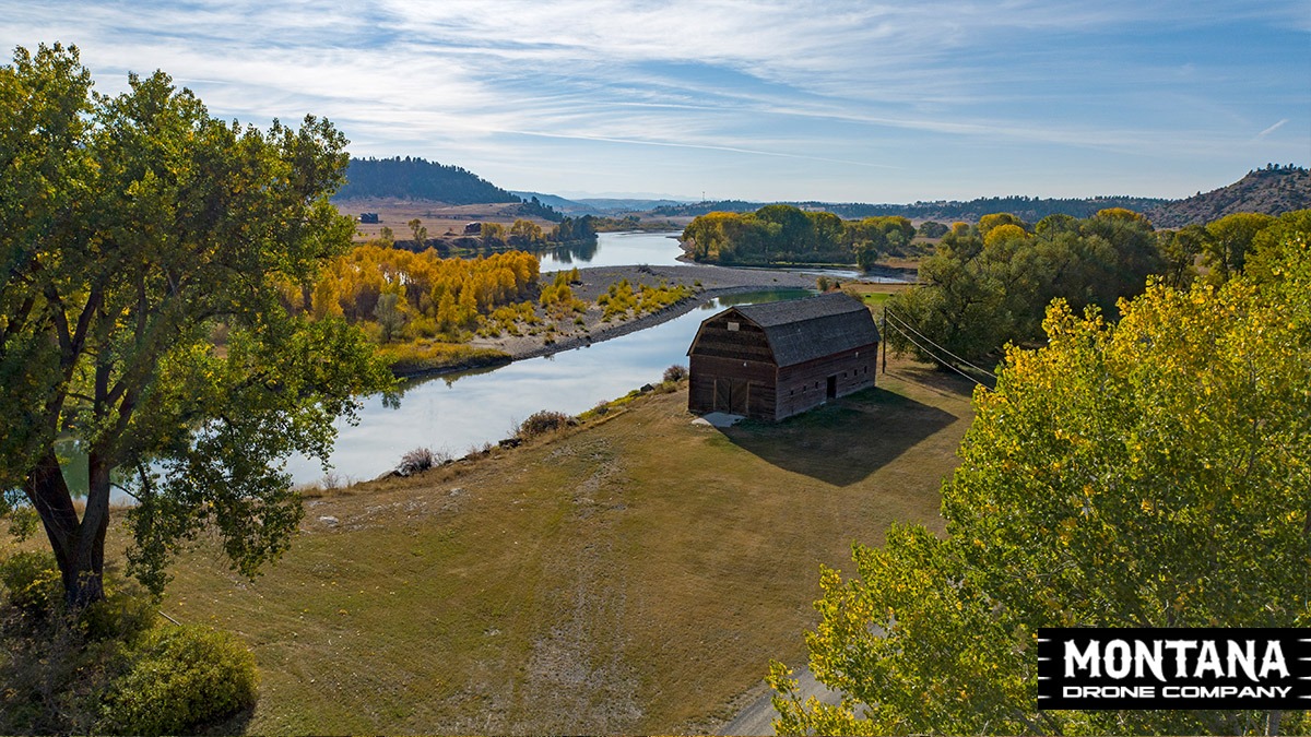Fall Colors Yellowstone River Old Barn Drone Aerial Photograph